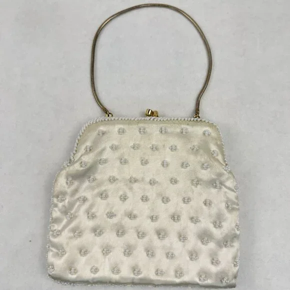 Vintage Womens White Beaded Geometric Floral Evening Bag Small Clutch Purse HK - Picture 2 of 12